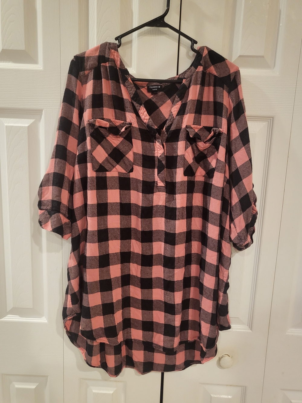Torrid Pink Black Plaid Harper Georgette Roll Tab Tunic Blouse Size 3
